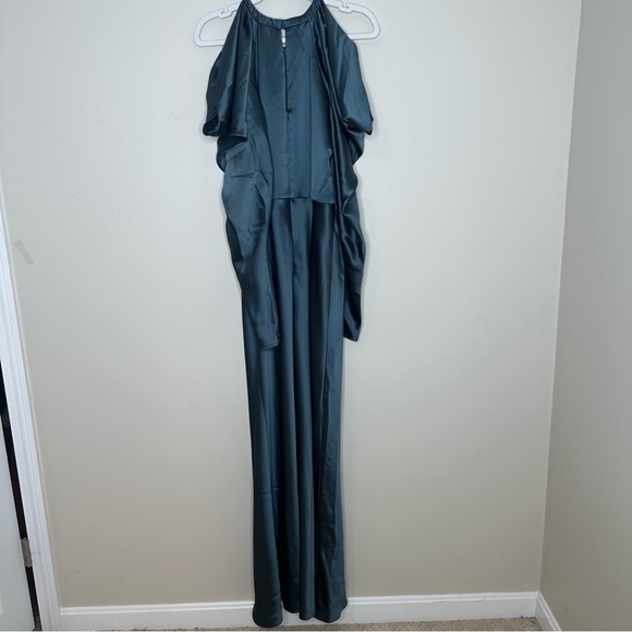 AMSALE Size 12 Women's Petrol Satin Cold Shoulder Evening Dress - Picture 10 of 11